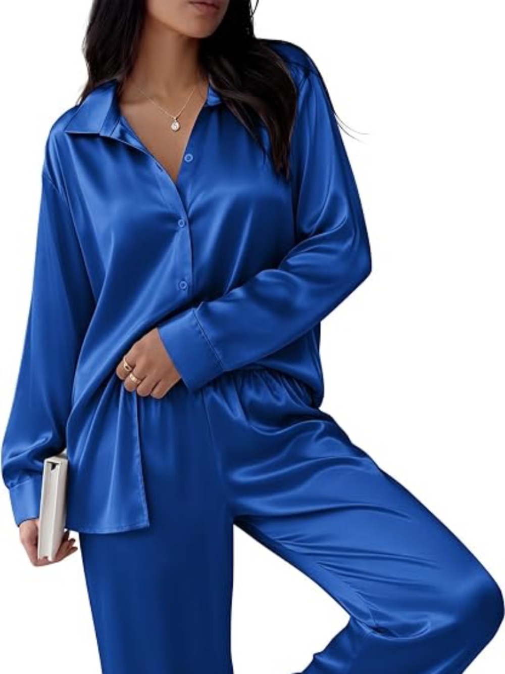 Long Sleeve Pajamas Set Satin Sleepwear Button Down PJs Loungewear with Pocket
